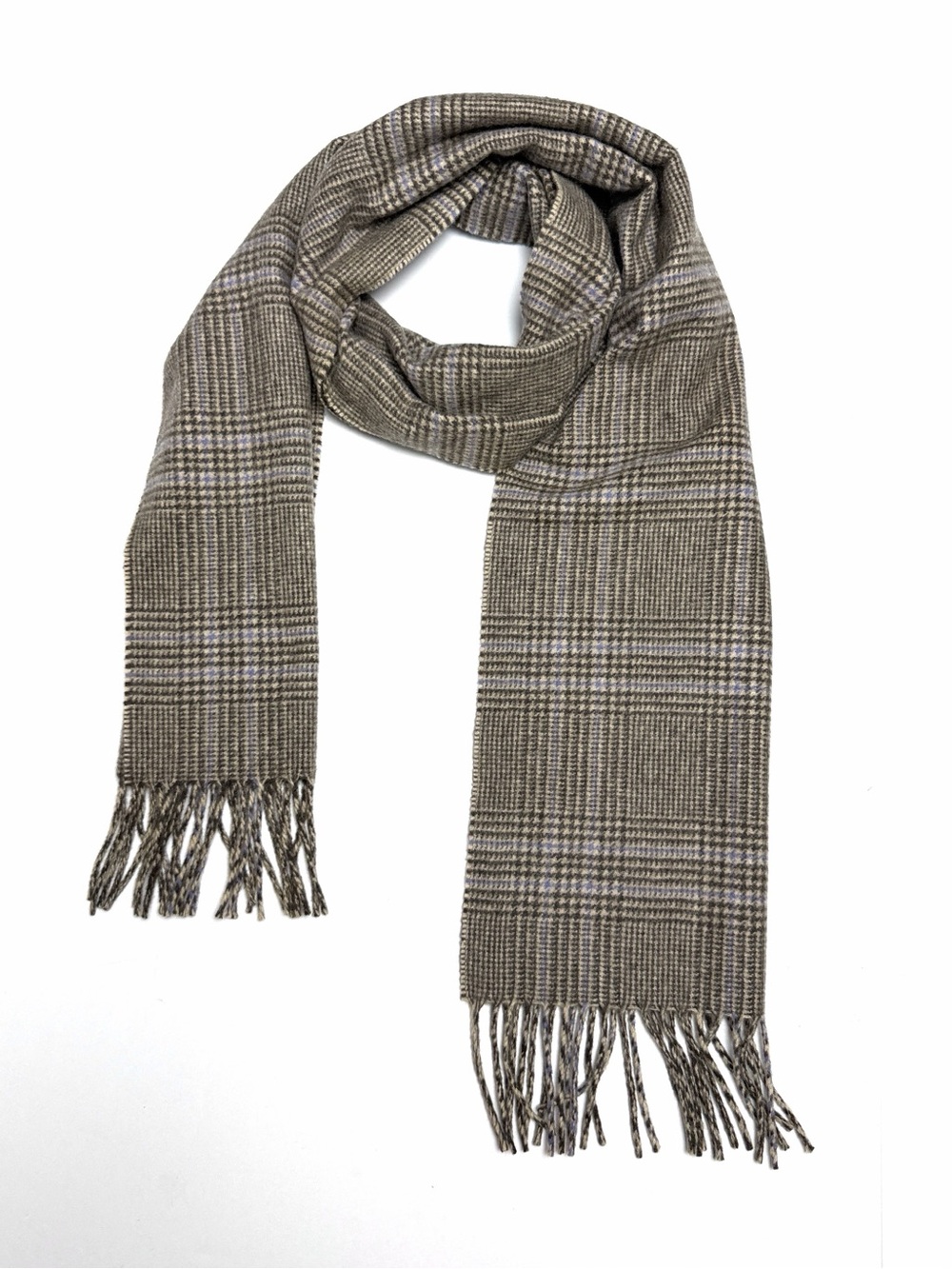 Amicale Cashmere Scarf Glen Plaid Taupe Beige Blue Fringe 12x64  Men's Women's